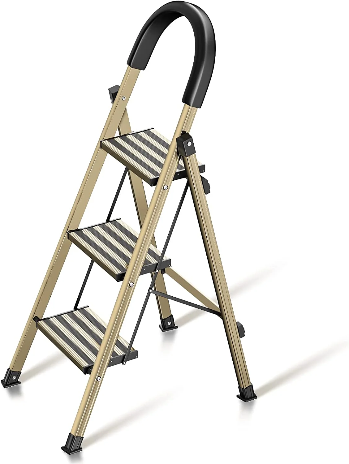 3 Step Ladder Aluminum Lightweight Folding Step Stool with Slip-Resistant Rungs Hand Grip Sturdy Reinforcement and Thickening for Home Kitchen 330lbs, Champagne Gold