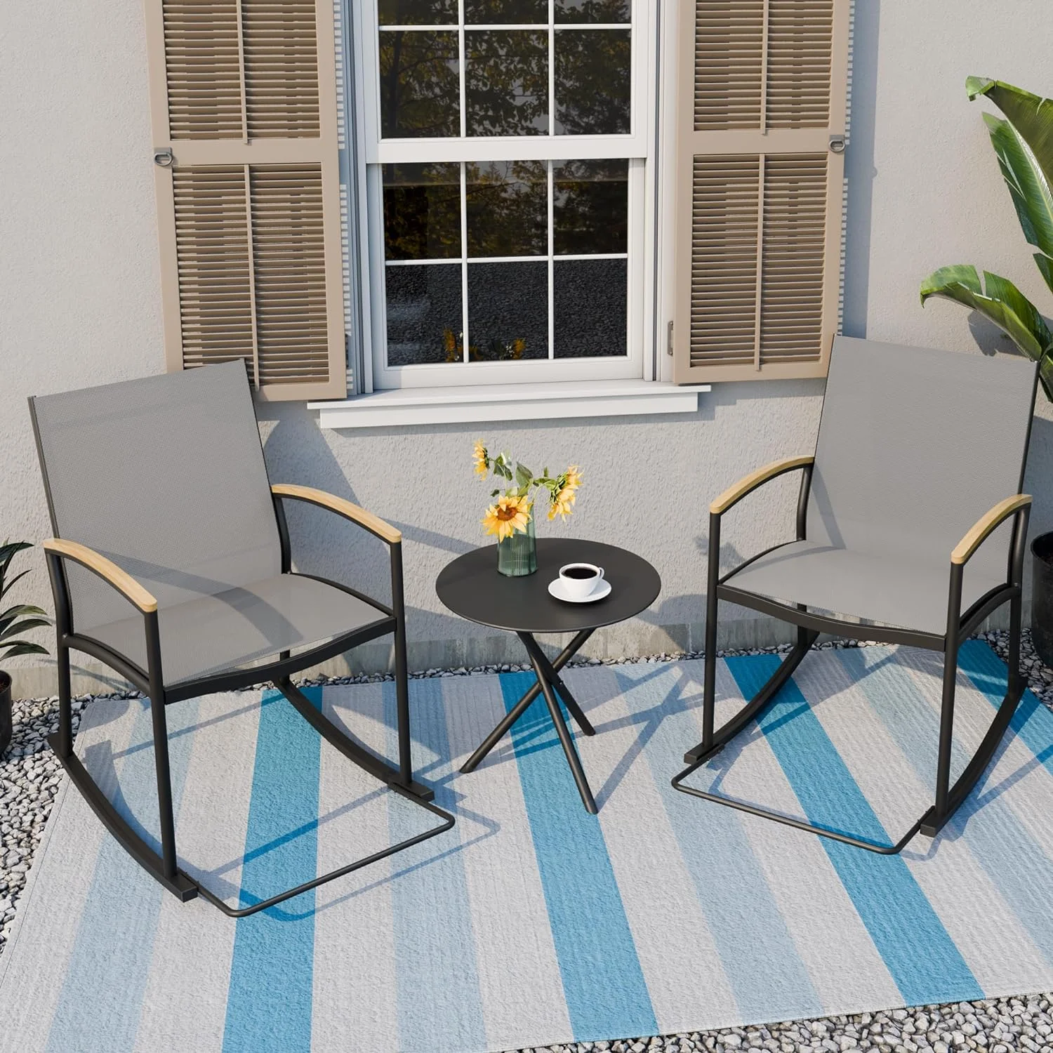 Rocking Chairs & Coffee Table Set: Outdoor Patio Bistro Furniture, 3-Piece, Dark Grey