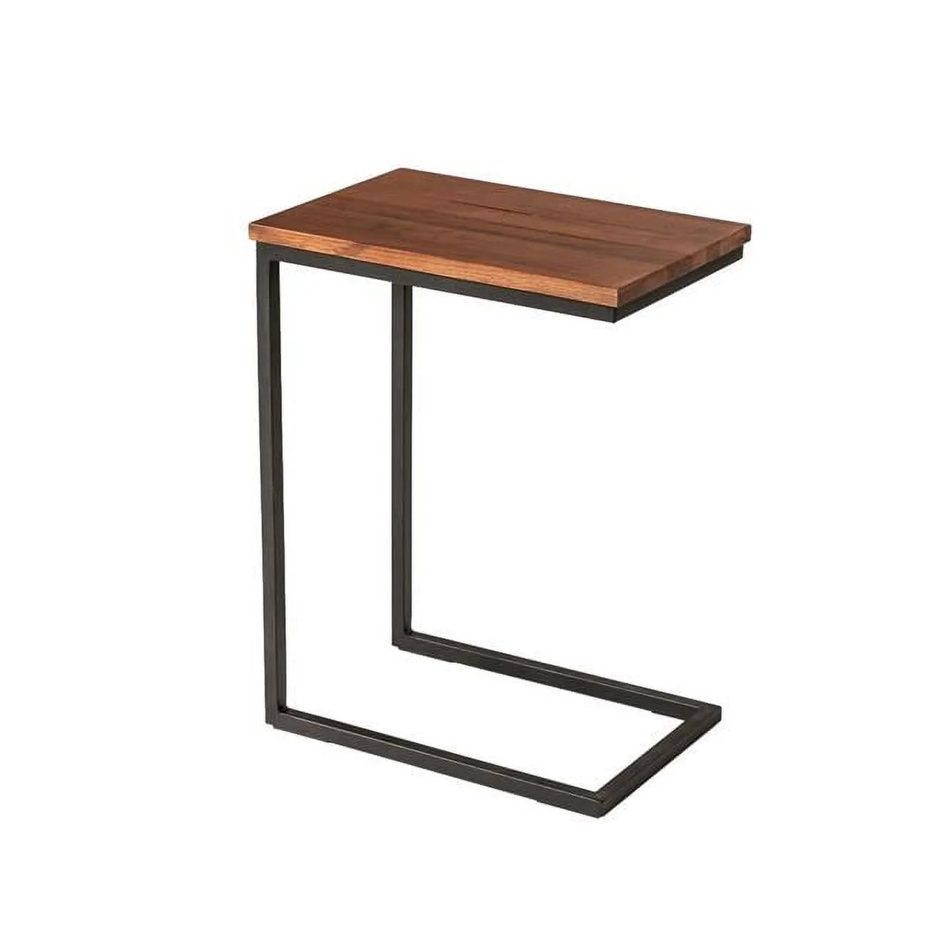 C Shaped End Table with Rectangular Wood Top, Brown & Black