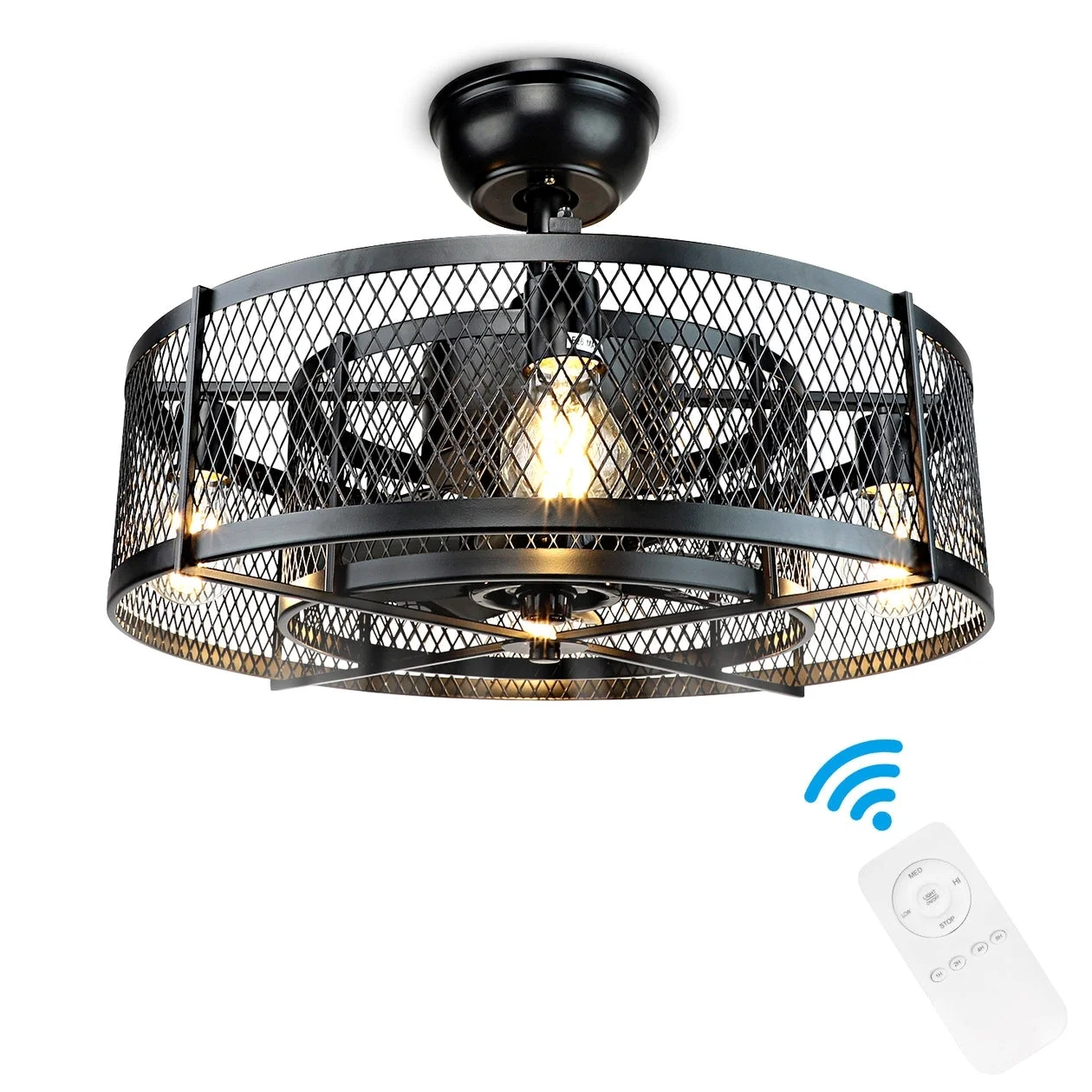 4-Light Matte Black Metal Caged Farmhouse Remote Ceiling Fan Light, Industrial Vintage Chandelier Fa