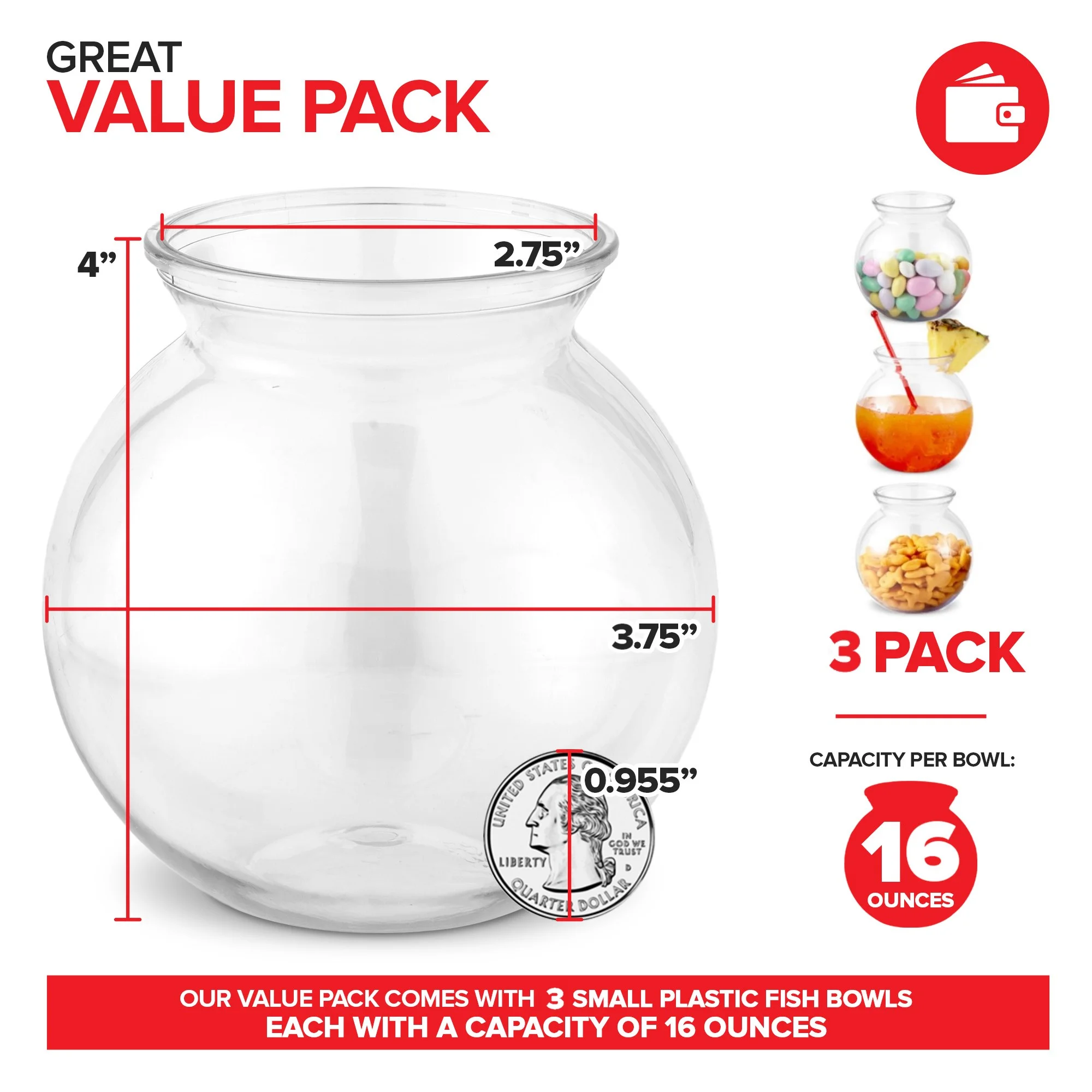 Small Round Plastic Fish Bowls for Parties (3 Pack) 16 oz Clear Mini Drink Bowl, Shatterproof Fishbowl Glasses for Drinks, Centerpieces, Decorations, Goldfish Pond Carnival Game, Centerpiece Vases