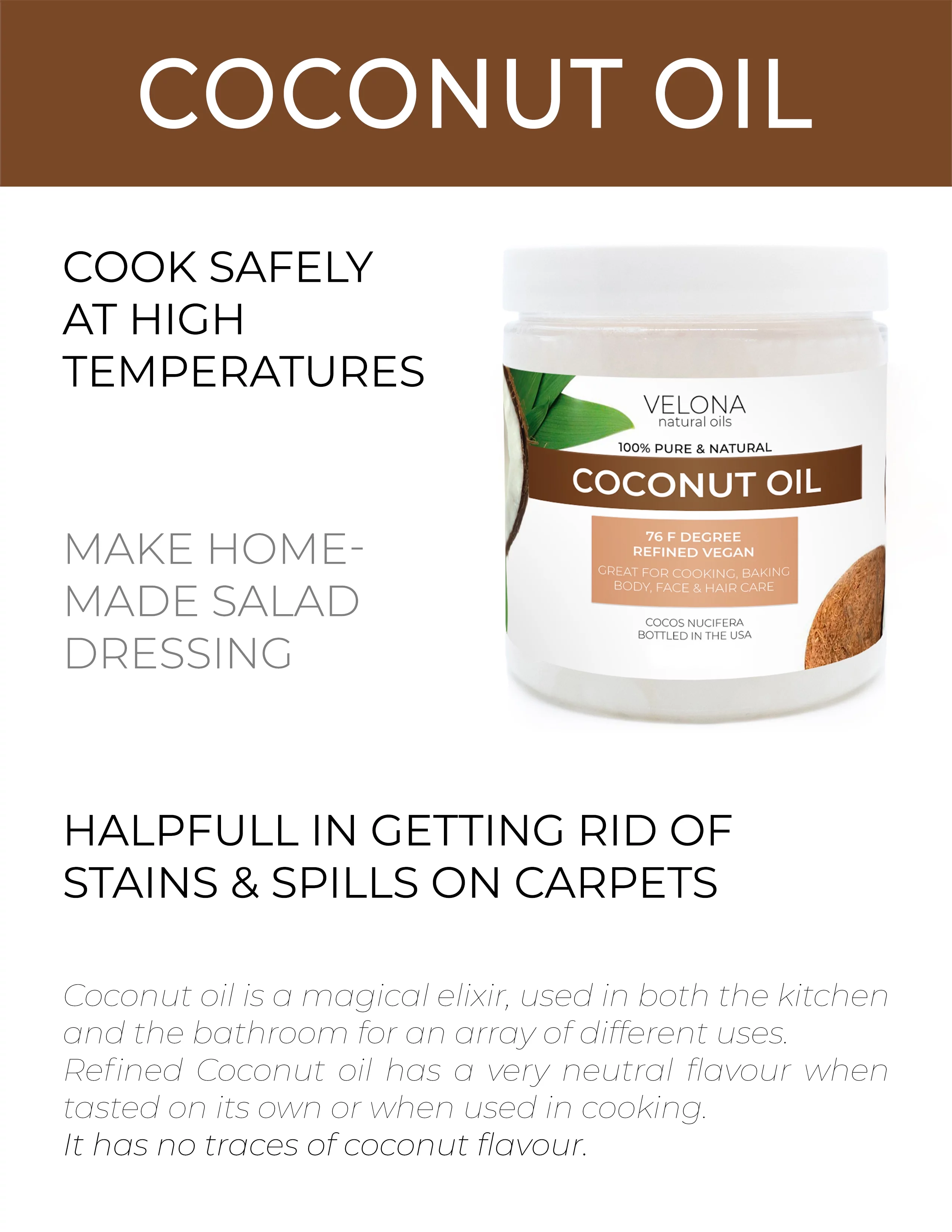 Velona Coconut Oil 76 Degree - 64 oz | 100% Pure and Natural Carrier Oil | in jar | Refined, Cold pressed | Skin, Face, Body, Hair Care