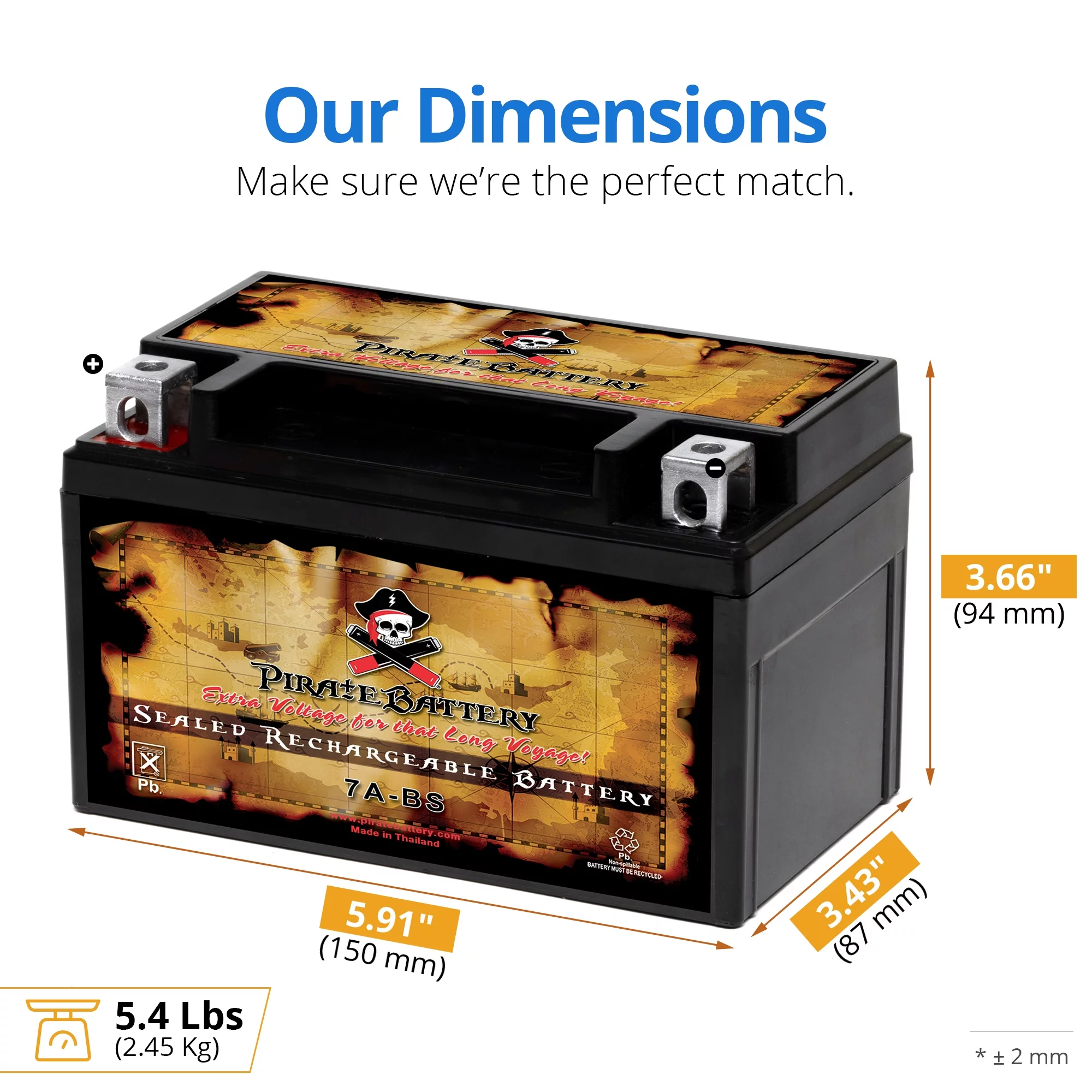 Pirate Battery Ytx7a-bs (7a-bs 12 Volts,6 Ah, 100 Cca) Sealed AGM Atv Battery for Kasea Skyhawk 150, Adventure Buggy 150cc Years (all Years)