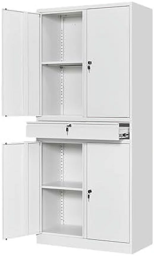 GEROBOOM Metal  Cabinet with Lock - 72" Garage  Cabinet with 2 Locking Doors and 5 Adjustable Shelves  White Steel Lockable File Cabinet for Office Home Garage