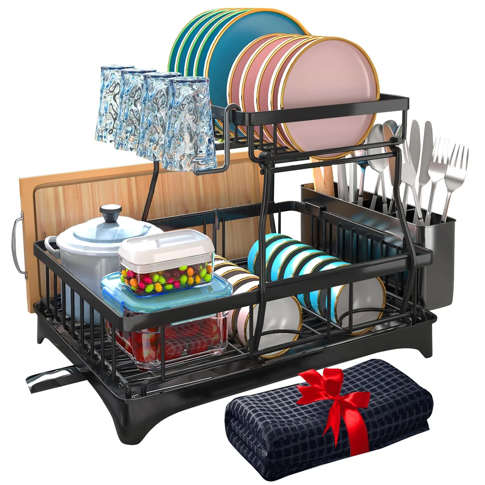 Godboat Dish Drying Rack, 2-Tier Dish Racks for Kitchen Counter with Drainboard & Mat, Dish Drainer with Knife, Fork & Cup Rack, Gifts for Women, Mothers Day, Cool Stuff & Kitchen Gadgets