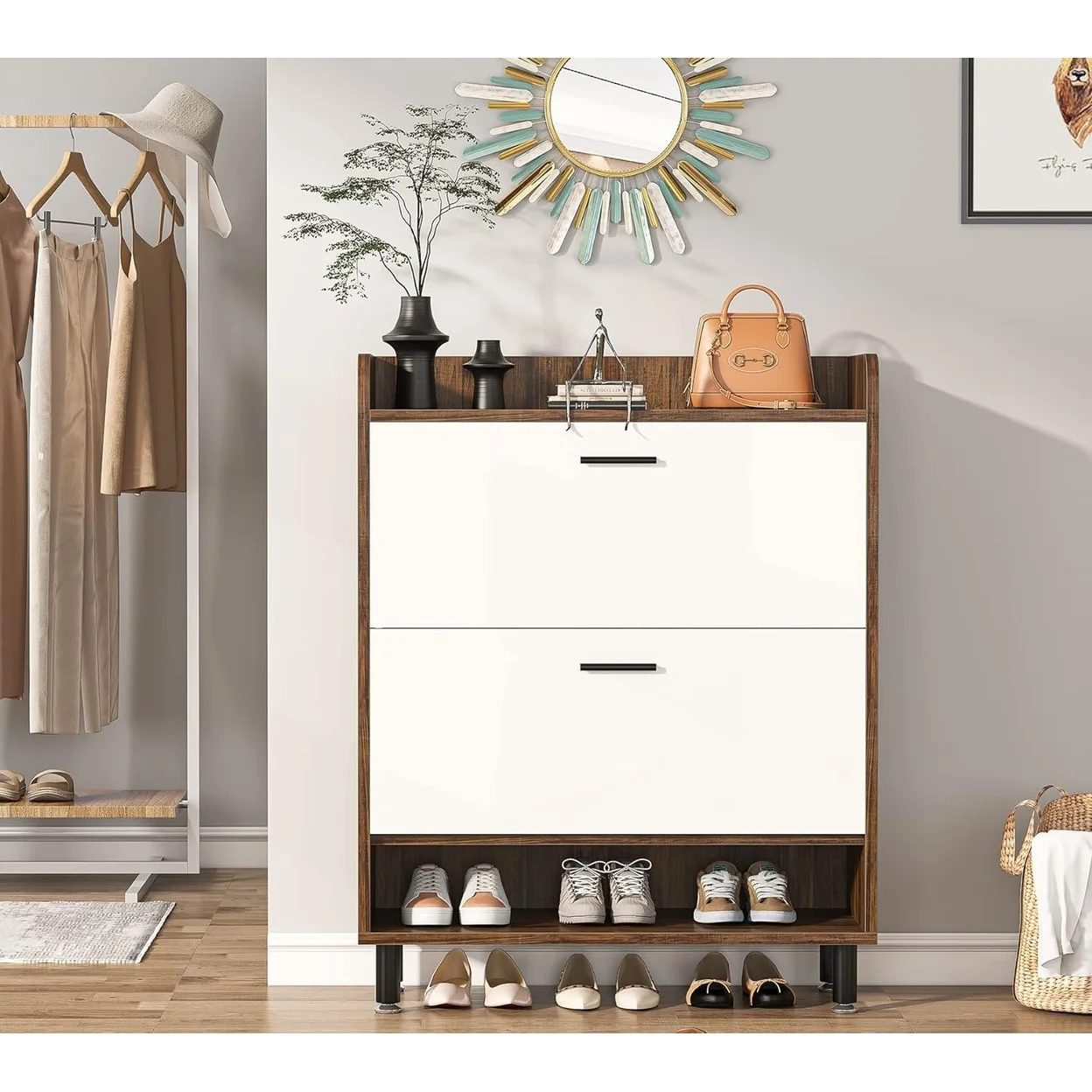 Shoe Cabinet 2-Tier Shoe Storage Cabinet with Flip Doors Vintage Entryway Shoe Organizer Rack with Open Shelves