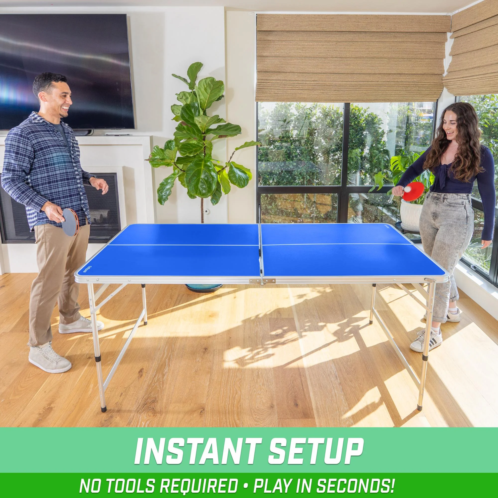 GoSports 6 x 3 ft Mid-Size Table Tennis Table Set with Adjustable Height - Blue