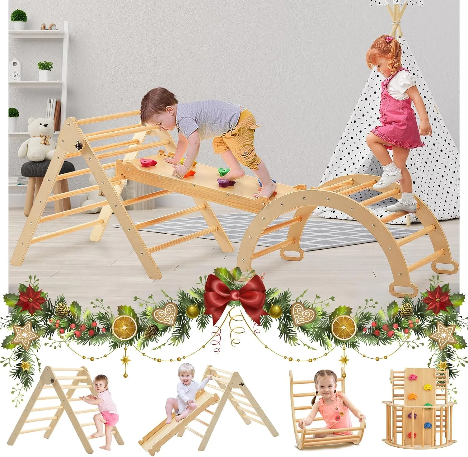 YUMIAO Foldable Pikler Triangle Set (3 Piece), Montessori Climbing Set with Solid Wood for Toddlers 2-6 yrs, Adjustable 5-in-1 Indoor Play Gym with Arch/Slide/Climbing Rock/Triangle, Easy to Install