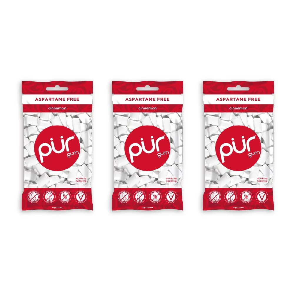 PUR Gum | Sugar Free Chewing Gum | 100% Xylitol | Vegan, Aspartame Free, Gluten Free & Diabetic Friendly | Natural Cinnamon Flavored Gum, 55 Pieces (Pack of 3)