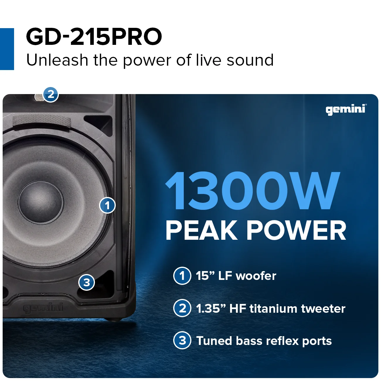 Gemini Sound GD-215PRO - 1300W Bluetooth PA Speaker for DJs & Parties | Wireless Streaming, TWS Link, Professional 15-Inch Drivers, 3-Channel Mixer & EQ