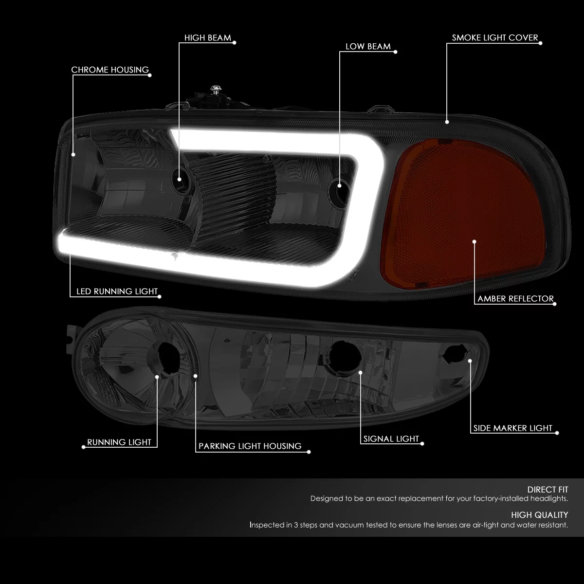 DNA Motoring HL-LB2-DAN99-SM-AM For 2000 to 2006 GMC Yukon XL Sierra Denali Model 3D LED DRL Headlight+Turn Signal Bumper Lamps Smoked Lens Amber Corner 01 02 03 04 05
