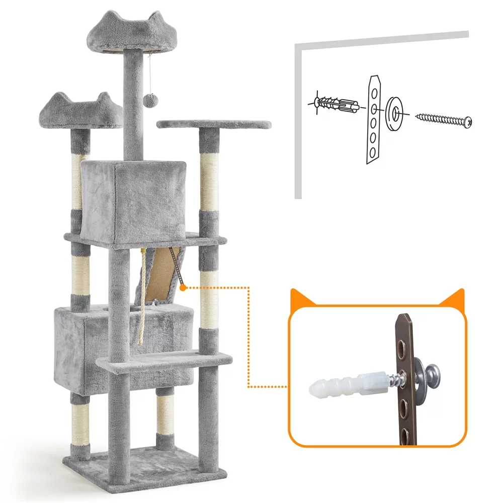 Yaheetech 72'' Height Multi Level Cat Tree with 2 Cozy Condos & Scratching Post,Light Gray