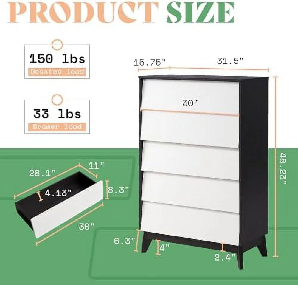 xrboomlife 5 Drawer Dresser for Bedroom  48" Tall Wood Closet  Chest Dressers  Mid-Century Modern  Organizer Dresser for Bedroom  Living Room  White & Black Walnut