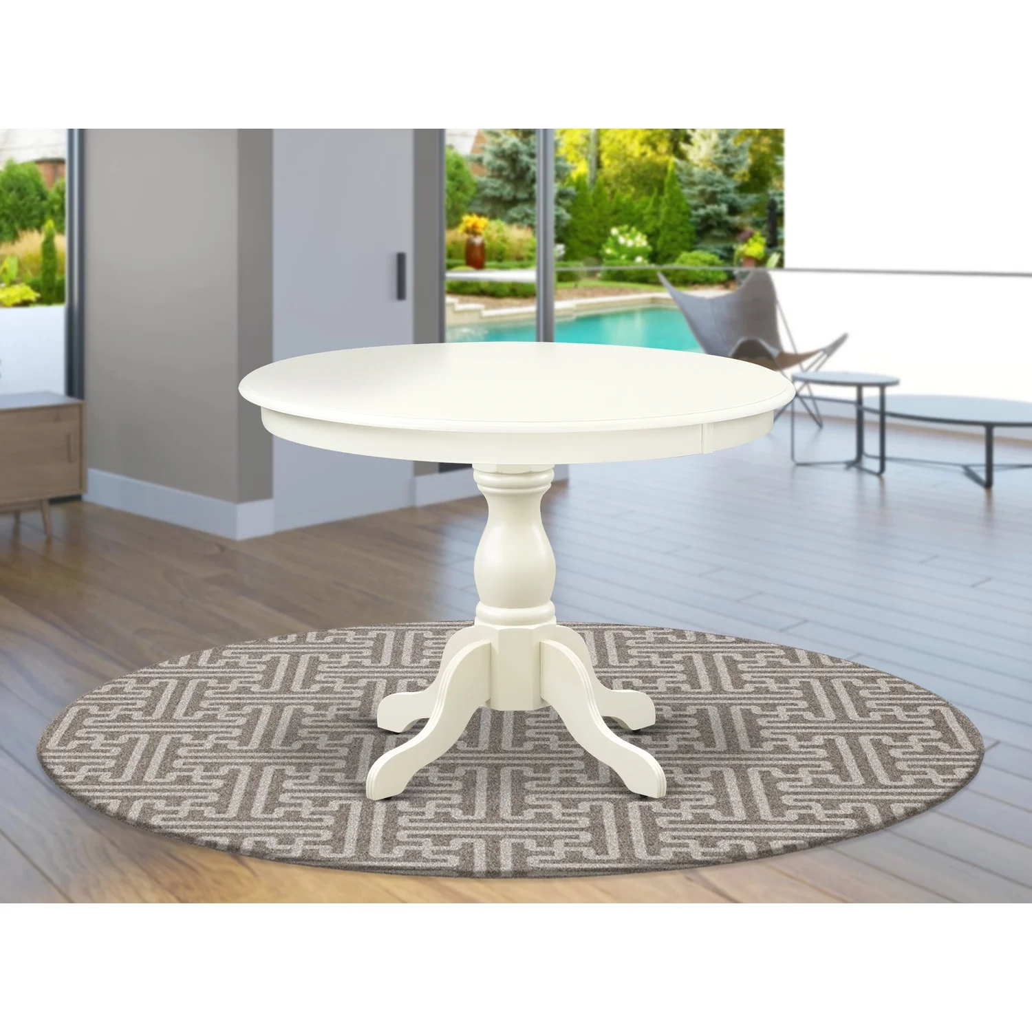 HomeStock Handcrafted Haven Modern Dining Room Table With Linen White Color Table Top Surface And Asian Wood Dinette Table Pedestal Legs - Linen White Finish