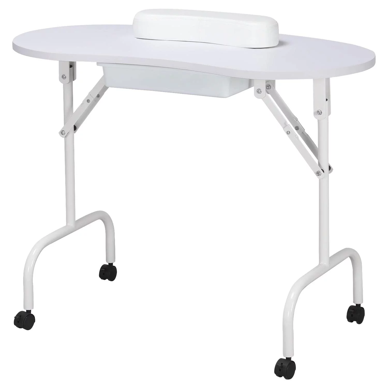 Folding Manicure Table Movable Nail Beautician Desk Workstation with Smooth Drawer/Water-proof Carry Bag/Lockable Wheels for Nail Groomer- White