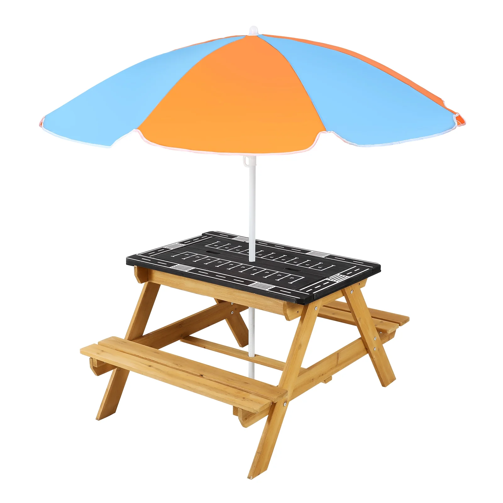 Kids Wooden Picnic Table for Toddlers-Outdoor Picnic Table with Bench and Umbrella-Large Size travel Table with Toy Race Track