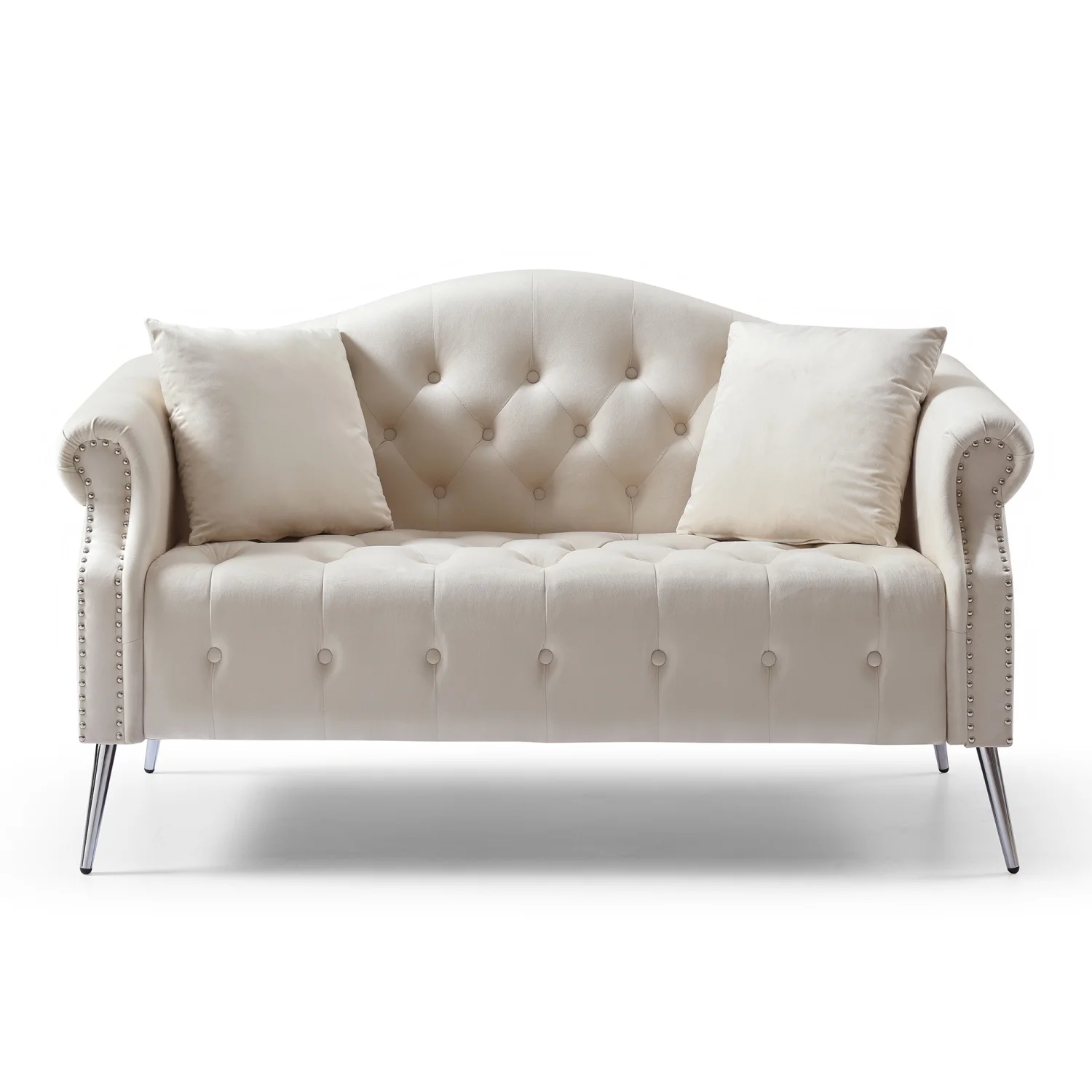 Beige Contemporary Velvet Upholstered Classic Chesterfield Loveseat with Button Tufted Nailhead Trimming  Curved Backrest  and Rolled Arms - Elegant Living Room Set with Silver Metal Legs