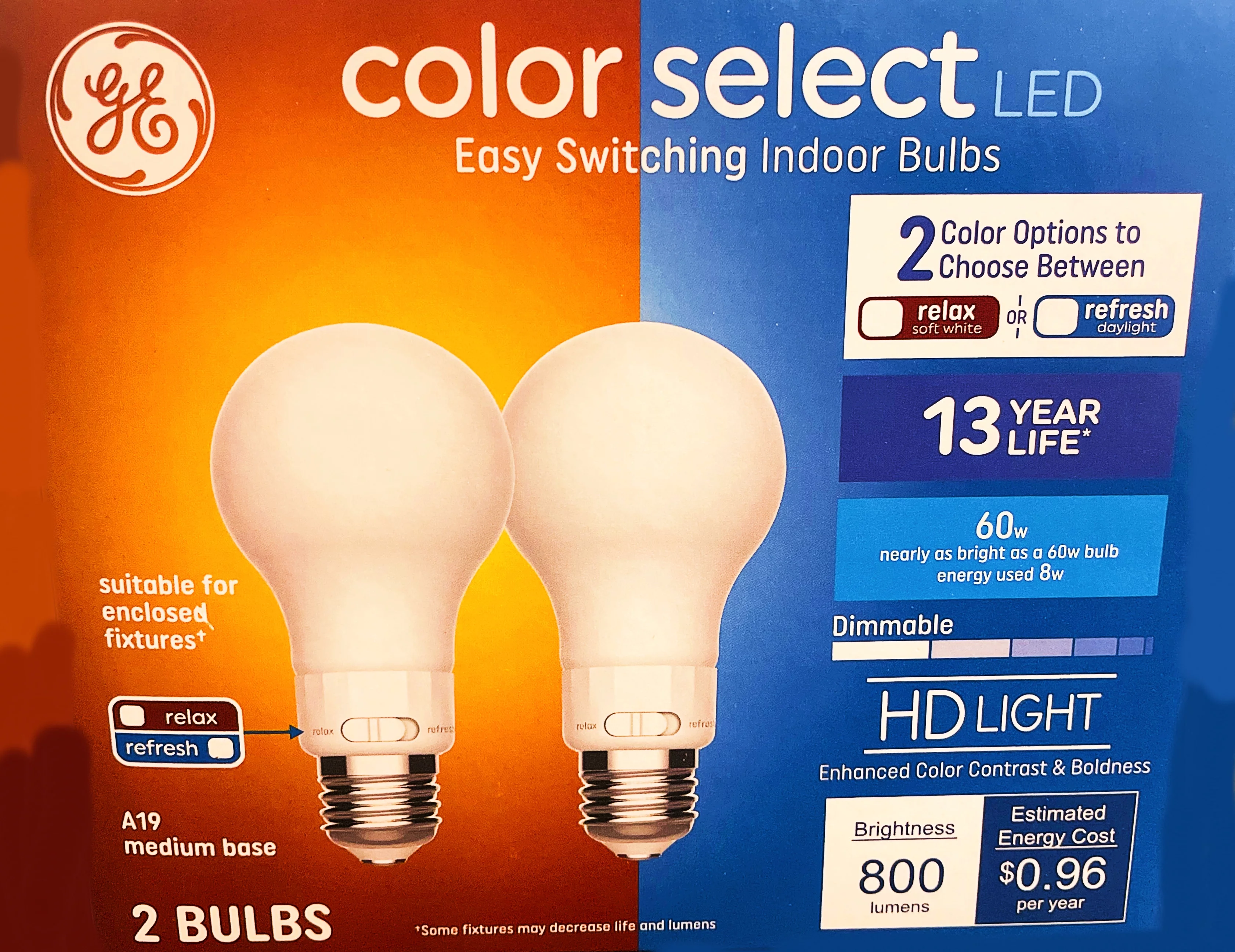 GE color select LED Easy Switching Indoor LED Light Bulbs, A19, relax or refresh, 2 color options on each bulb, HD Light, Dimmable, 800 Lumens, 60 watt replacment unique colorselect LED Light Bulb