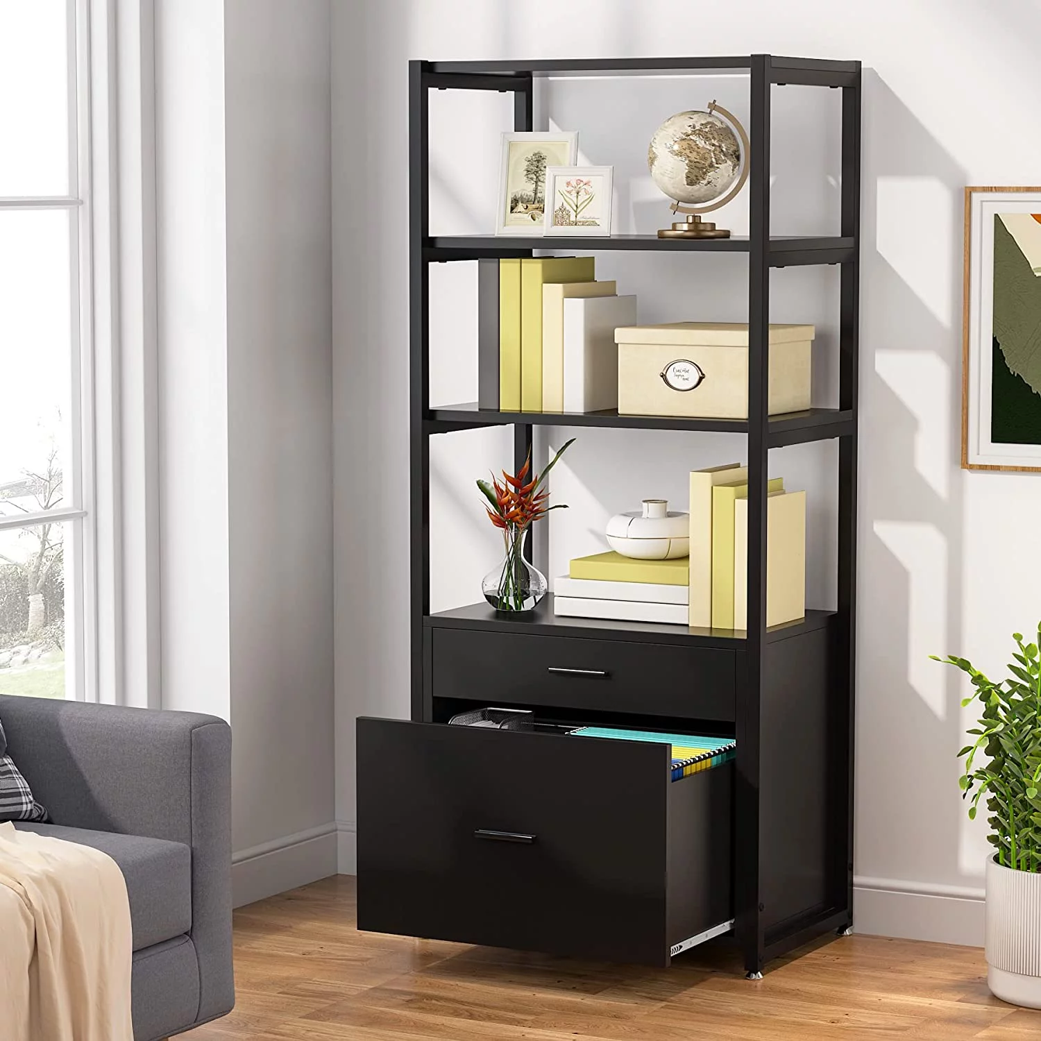 Tribesigns Bookcase, 4-Tier Bookshelf with 2 Drawers, Lateral Filing Cabinet with File Drawer, Etagere Standard Book Shelves Display Shelf