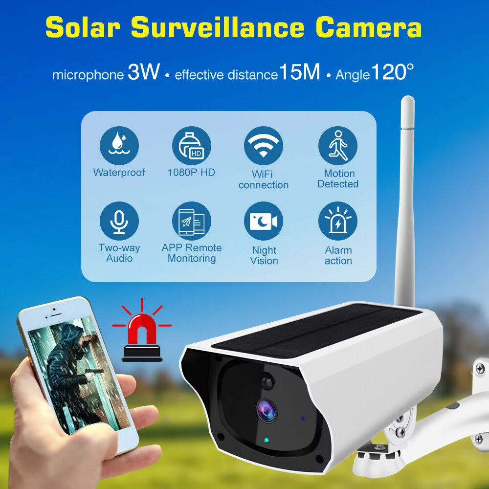 Wireless Solar WiFi IP Camera with 3 AAA Batteries 1080P HD Security Night Vision Home Security Surveillance Audio CCTV Outdoor,2K Night Vision, 2-Way Talk,App Remote,WiFi Camera