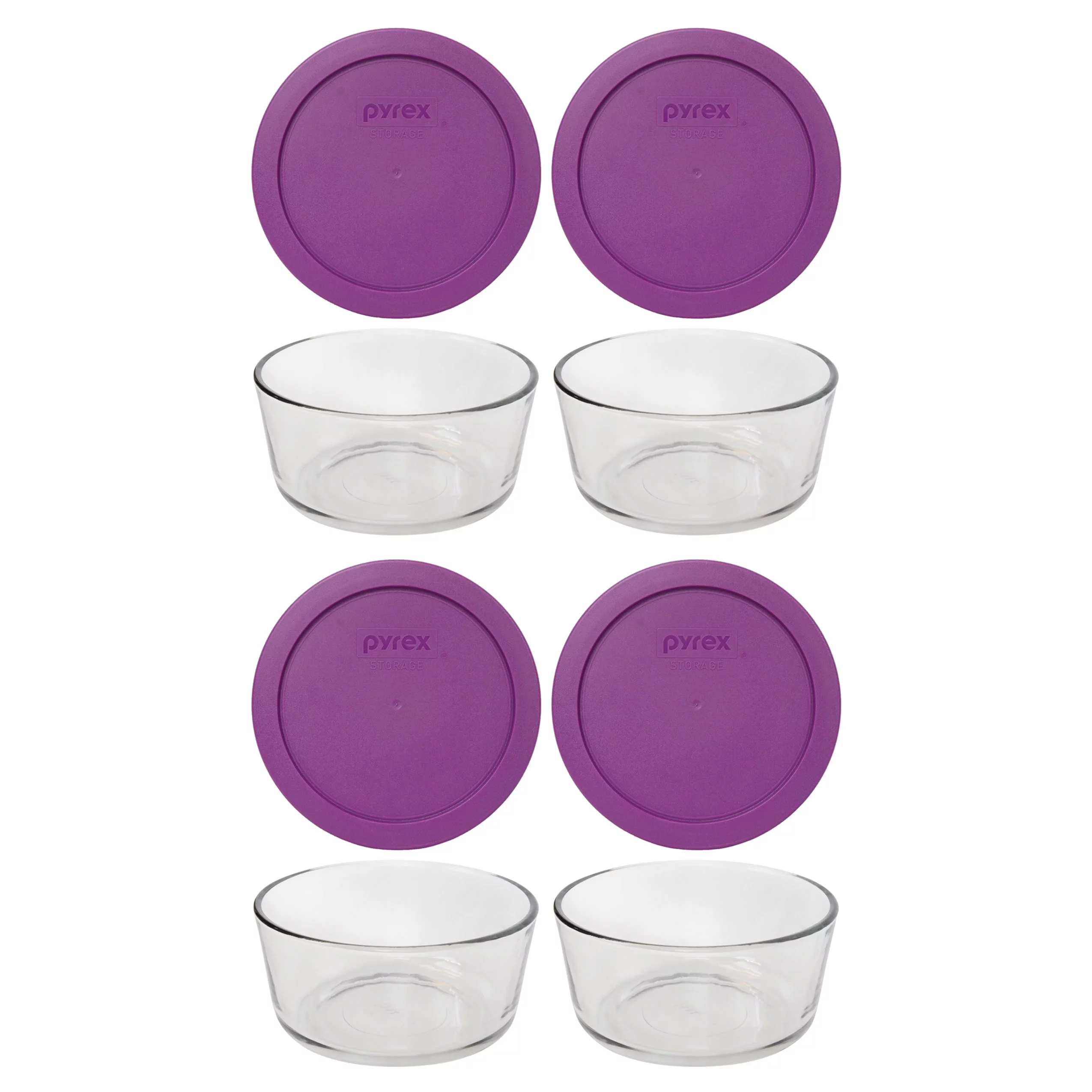 Pyrex 7201 4-Cup Round Glass Food Storage Bowl w/ 7201-PC Thistle Purple Plastic Lid Cover (4-Pack)