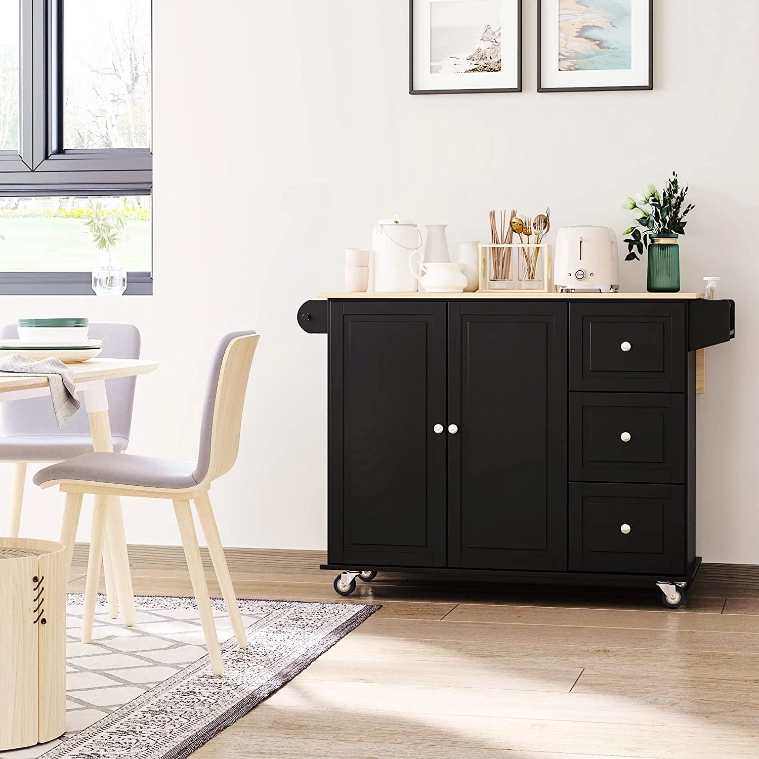 Mobile Kitchen Island With Drop Leaf, Storage Trolley Cart On Wheels, Towel/Spice Rack, 3 Drawers, 2-Door Cabinet, Black