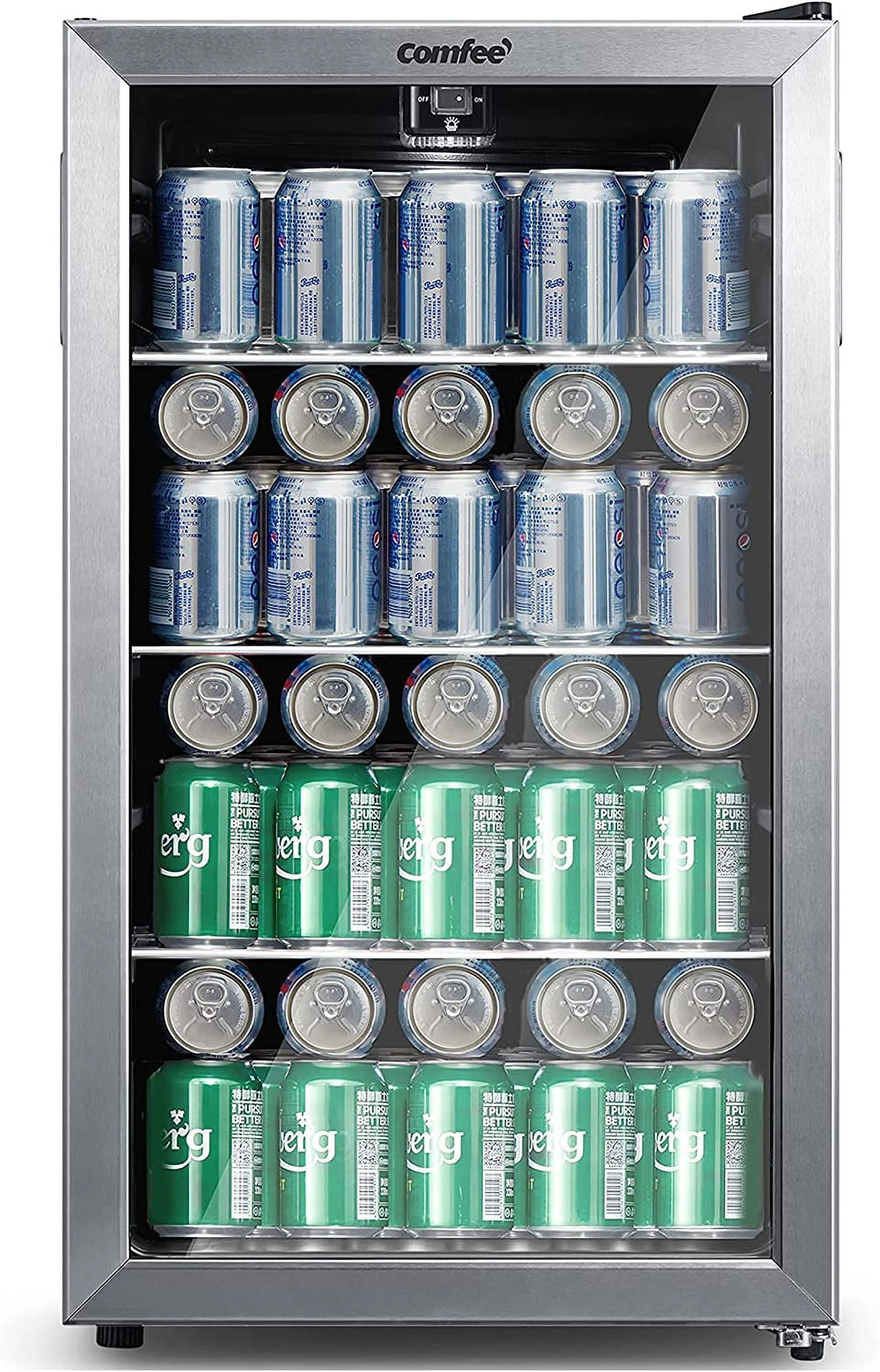 COMFEE' CRV115TAST Cooler, 115 Cans Beverage Refrigerator, Adjustable Thermostat, Glass Door With Stainless Steel Frame, Reversible Hinge Door And Legs For Home, Apartment