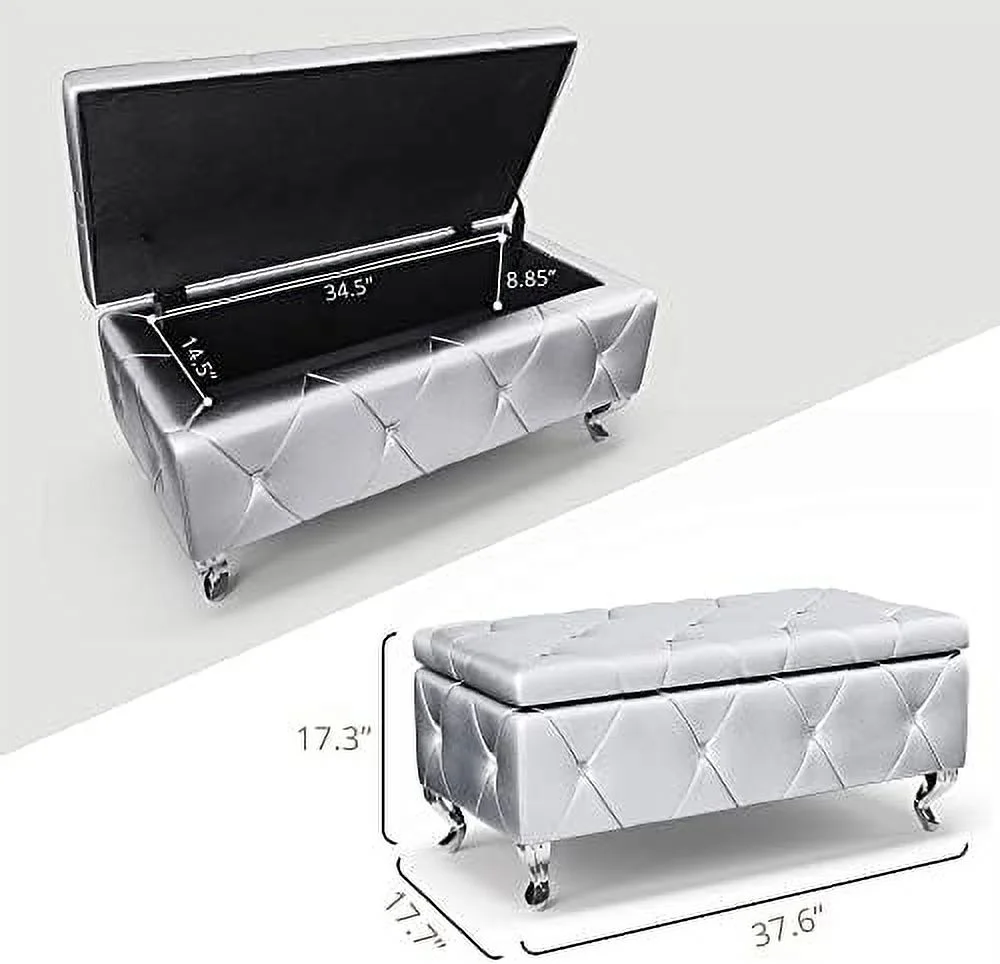 JYHOME Ottoman  23'' Upholstered Silver Faux Leather Ottoman with Crystal Tufted Button  Flip Top Foot  Bench for Bedroom End of Bed  Living Room