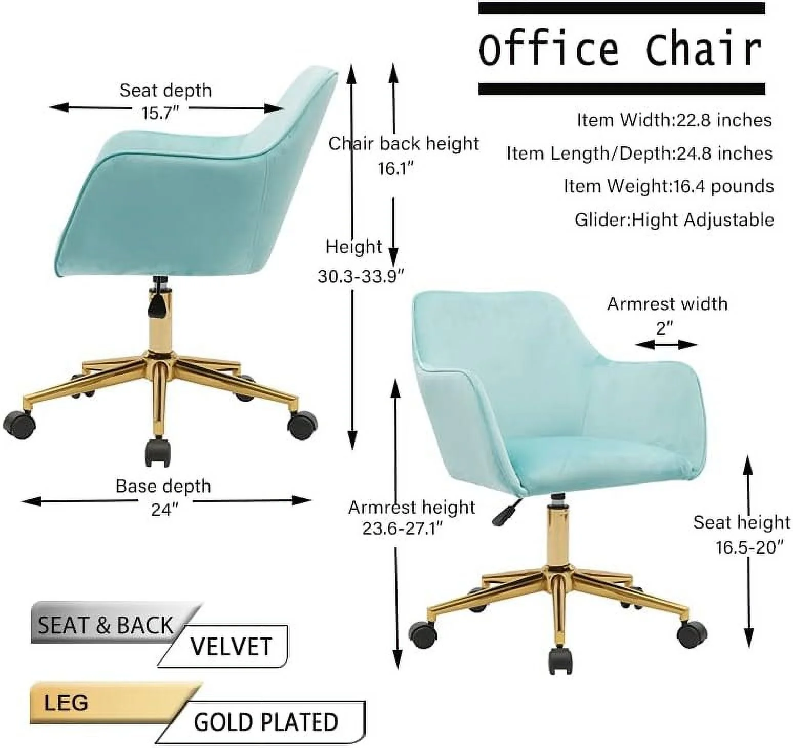 HYHBIBOOM Home Office Chair  Velvet Desk Chair Modern Adjustable Swivel Chair  Upholstered Task Chair Accent Chair Executive Chair Vanity Desk Chair  Yellow & Gold