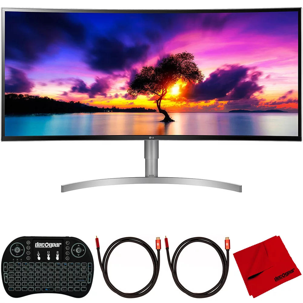 LG 38WK95C-W 38-Inch Class 21:9 Curved UltraWide WQHD+ Monitor with HDR 10 (2018) Bundle with Deco Gear Wireless Backlit Keyboard, 2x Deco Gear HDMI Cable and Deco Gear Microfiber Cleaning Cloth