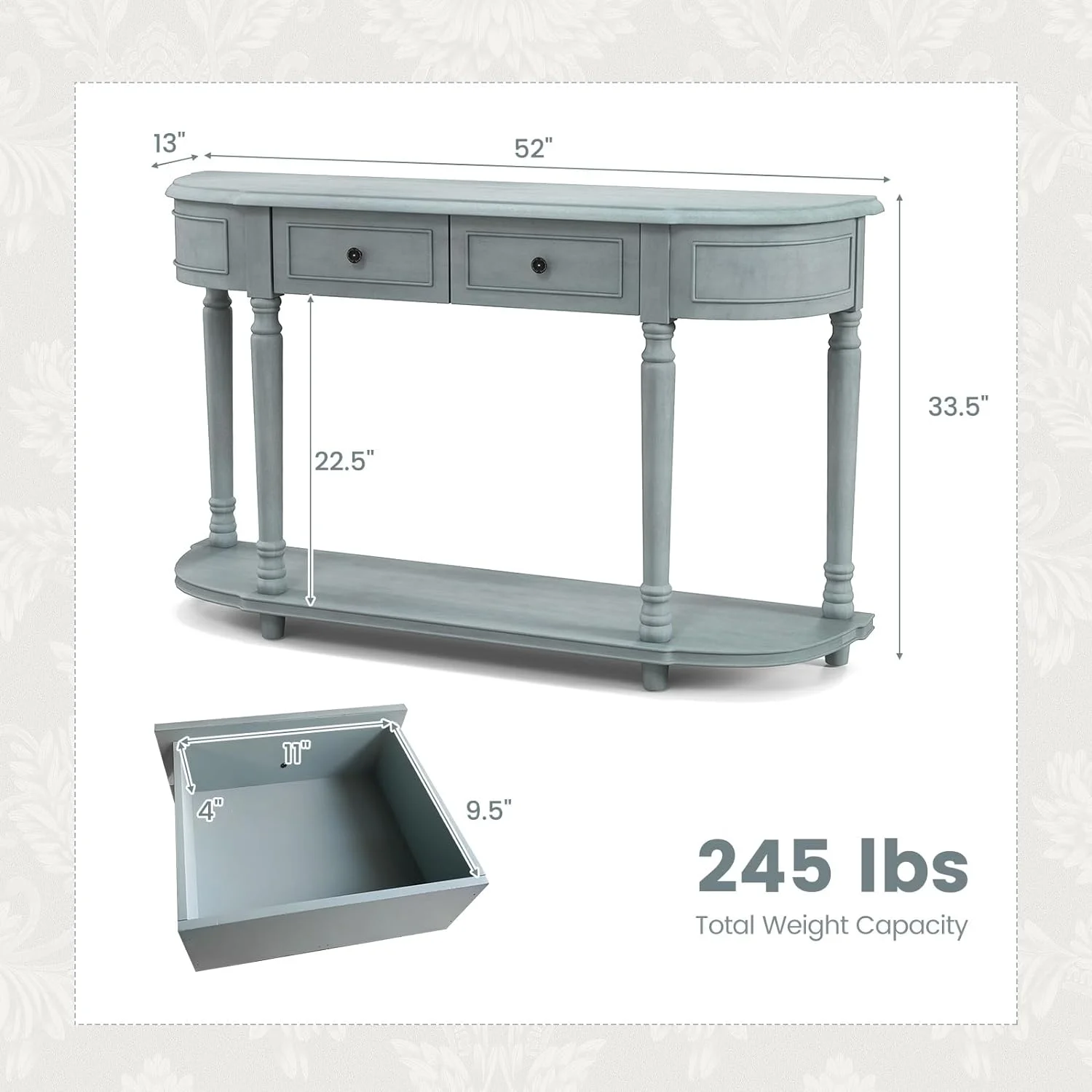 Vintage Console Table with   Wooden Entry Table with 2 Drawers  Open Shelf  Solid Wood Legs  Retro  Classic Long Narrow Sofa Table for Entryway  Living Room  Hallway  Blue