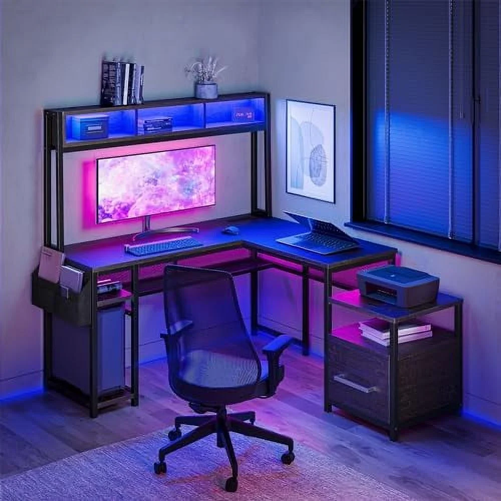 CKPFVY Computer Desk with Monitor Stand and File Cabinet  104" Long Gaming Desk with RGB LED Lights and USB AC Outlet  Reversible L-Shaped Desk for Home Office (Eclipse - Brown)