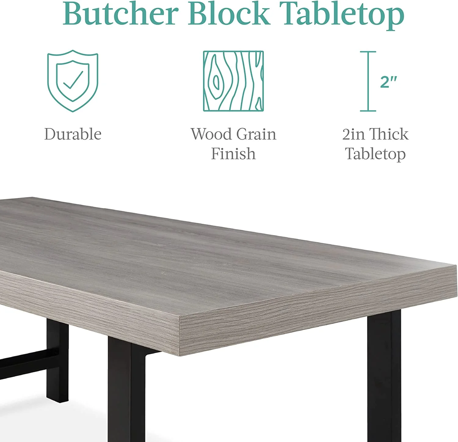 44in Modern Coffee Table Butcher Block Top Large Accent Table, Rectangular Wood Industrial Rustic Coffee Table for Living Room w/ 2in Metal Legs, 3in Tabletop - Gray