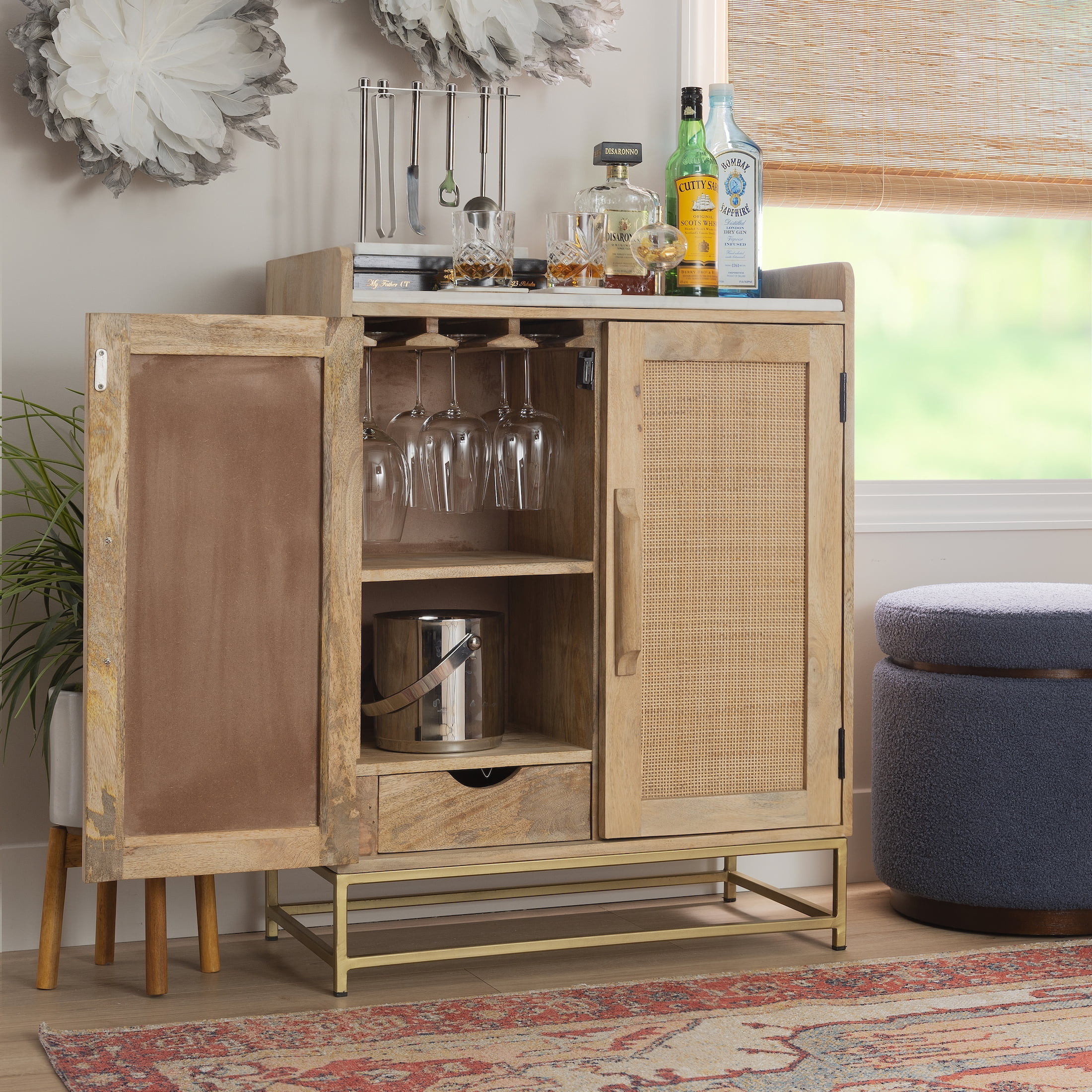 Blair Rattan Bar Cabinet, Natural with White Marble Top