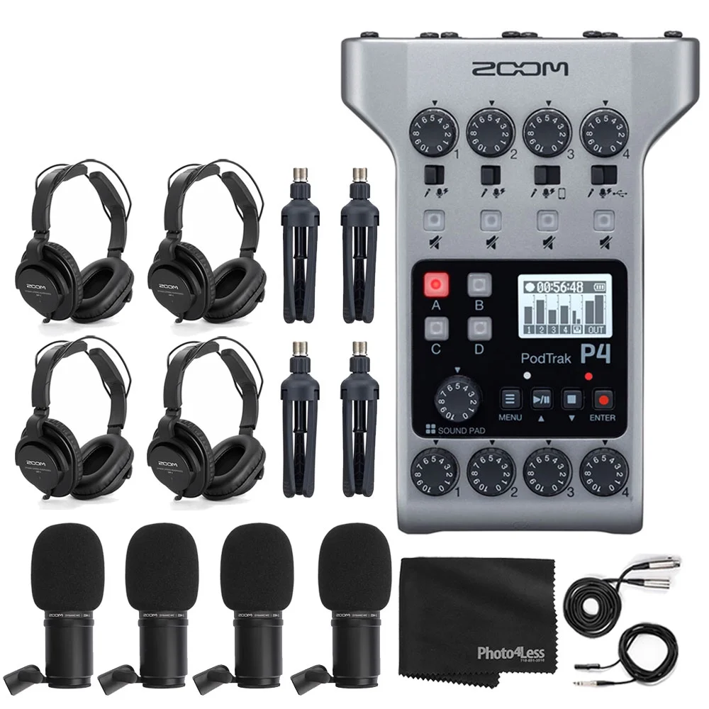 Zoom PodTrak P4 Portable Multitrack Podcast Recorder + 4x Zoom M-1 Mic + 4x Headphones + Windscreens + XLR Cables + 4x Tabletop Stand + Cloth – 4 Person Podcasting
