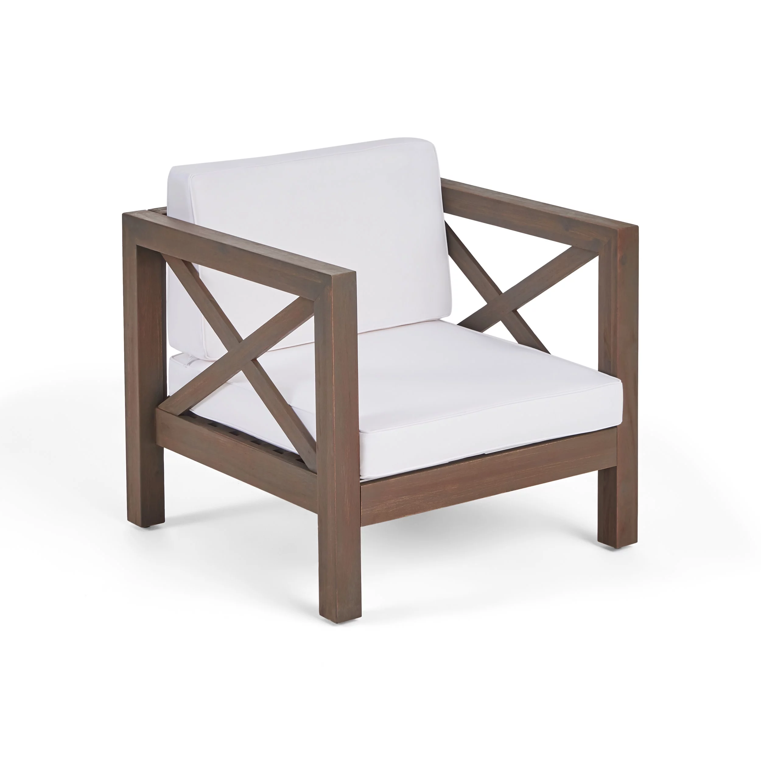 Keith Outdoor Acacia Wood Club Chair with Cushion, Gray and White