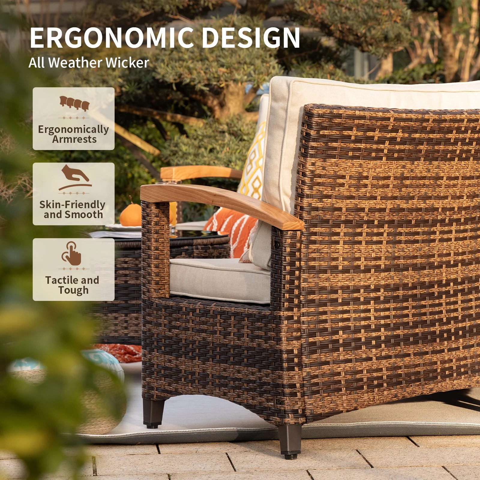 MEISSALIVVE 9 Piece Outdoor Patio Furniture Set, Half-Moon Curved Sectional Sofa Rattan Patio Conversation Set with Wood Armrests, Tempered Glass Round Coffee Table & Side Table（Beige）