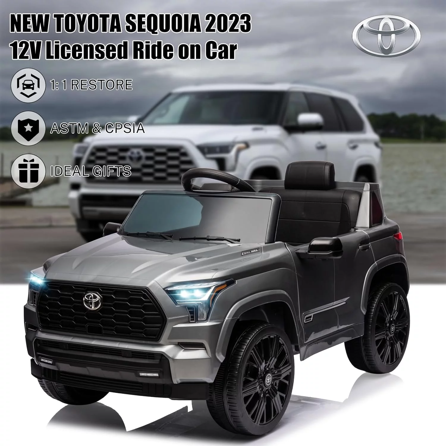 Toyota Sequoia Pickup 12V 7A Ride-On Cars with Remote Control, Battery Powered Ride-On Toys for Kids w/LED Light, 3 Speeds, Music, Horn, Bluetooth, Christmas Gifts for Boys and Girls, Grey