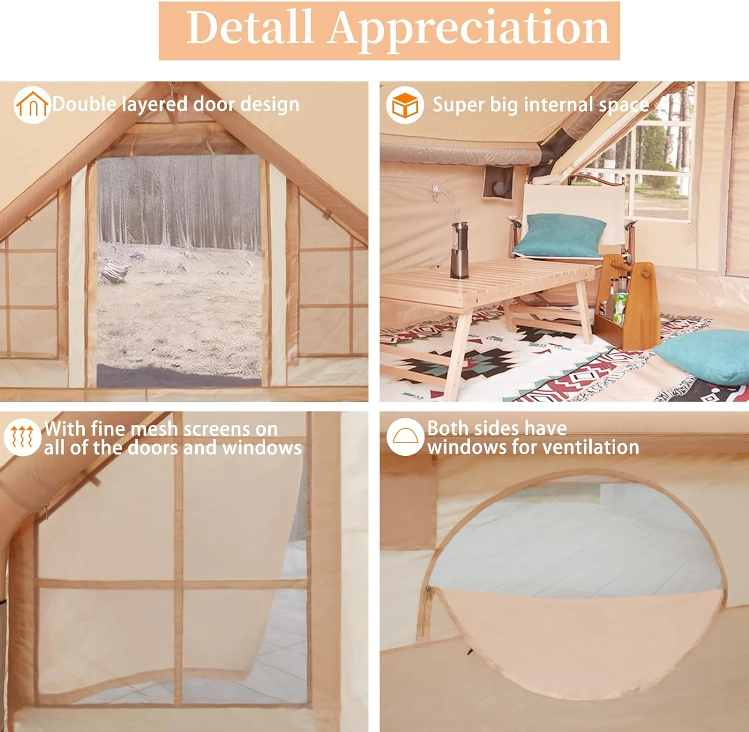 Large Glamping Tent for Camping Adult, Easy Setup Inflatable Night Club with Pump, Oxford Air Tent for Girls, 4-6 Persons, Waterproof