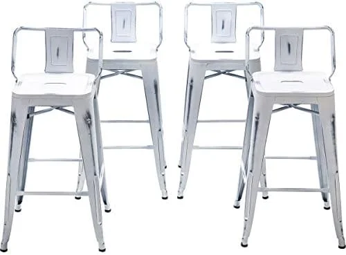 HYHBIBOOM Changjie  Metal  Stools Set of 4 Distressed Industrial Counter  Stool with Backs Bistro Cafe Barstools(26 inch  Distressed White)