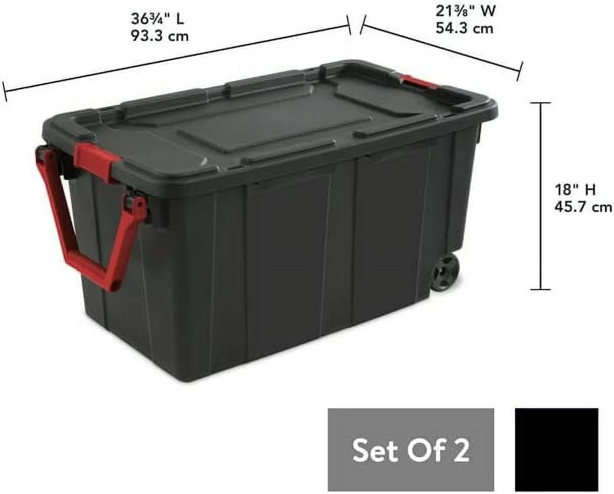 40 Gallon Black Plastic Wheeled Industrial Storage Box,Set of 2