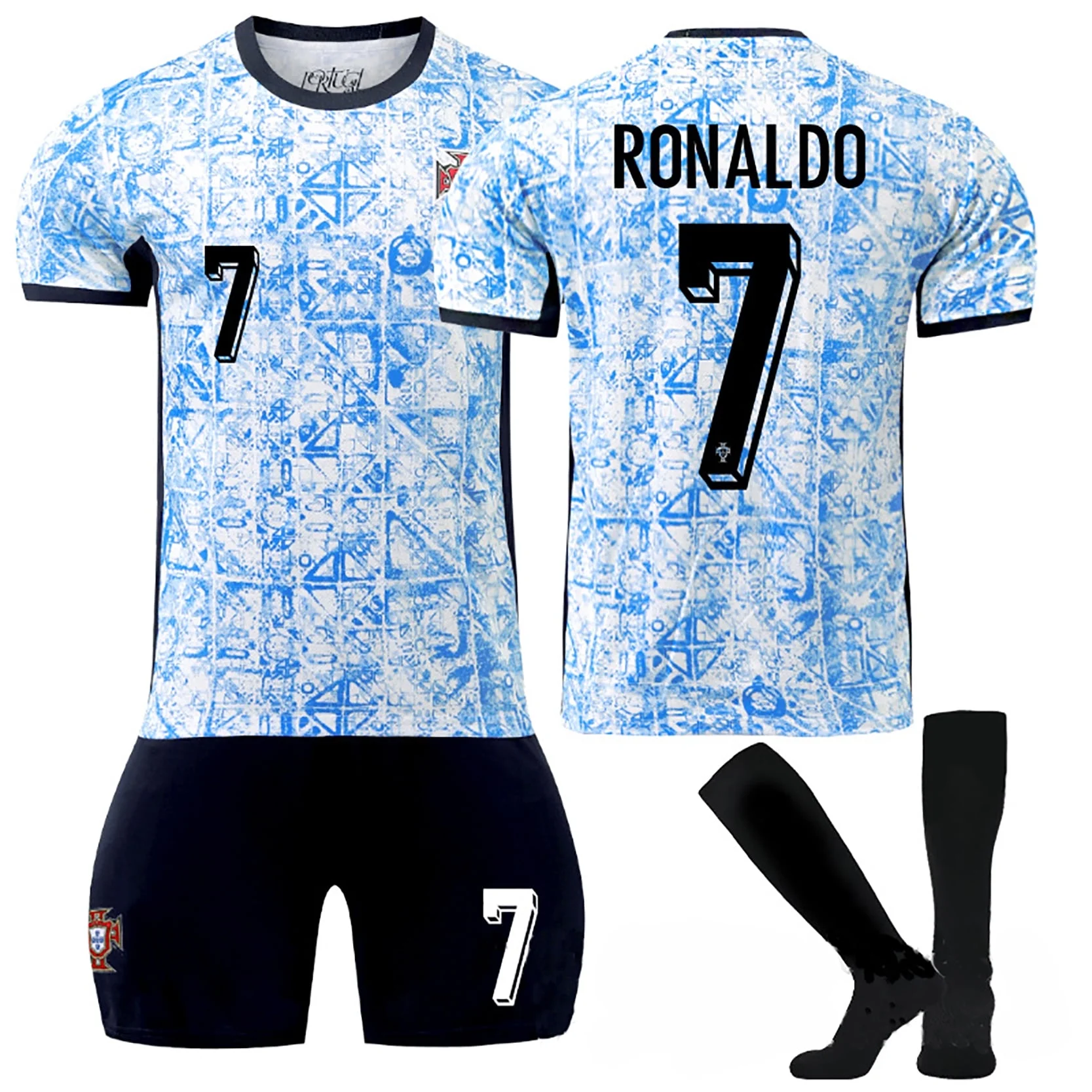 Youths 2024 Portugal Away #7 Ronaldo Jersey Soccer Kids Soccer Set Blue and White 5-6Y/20