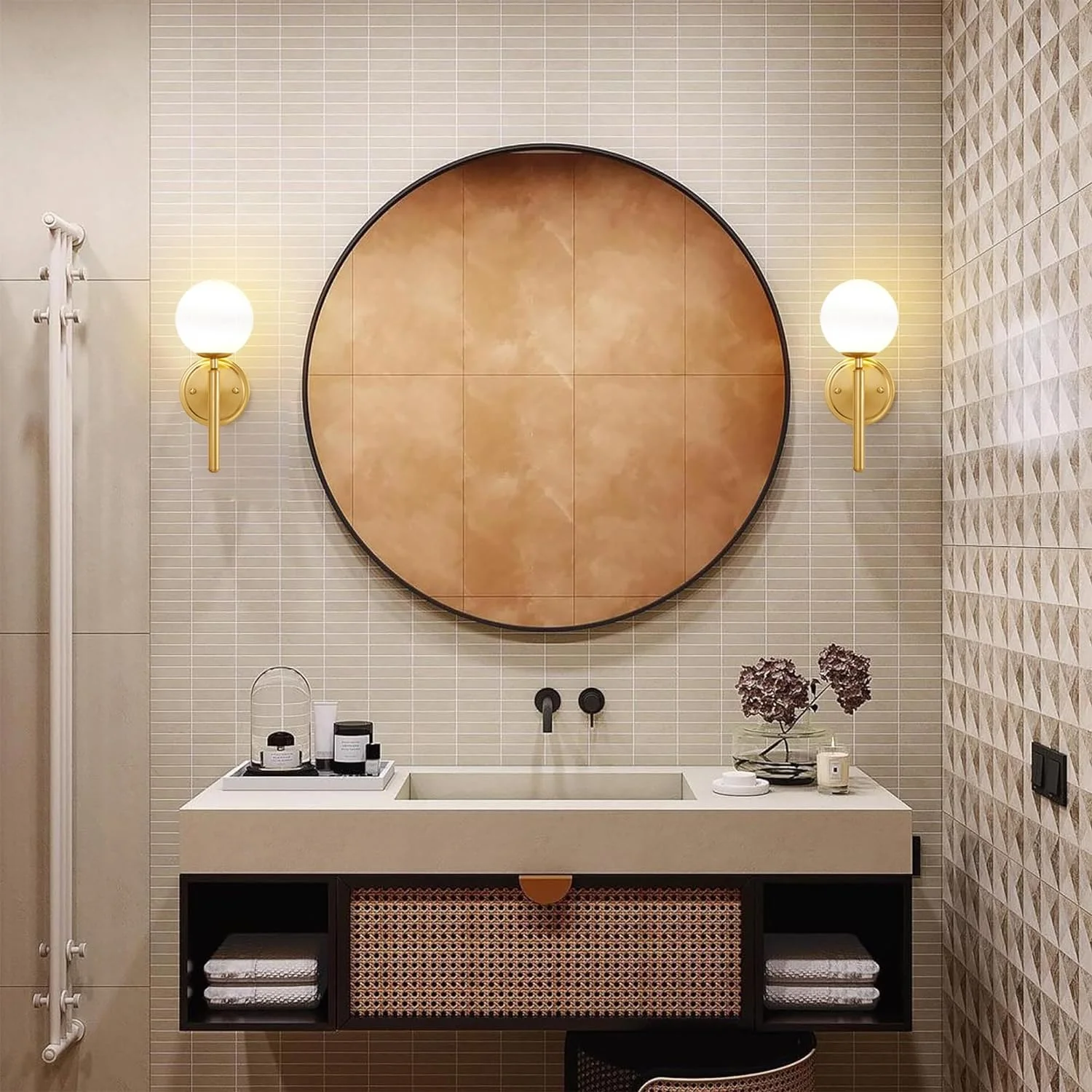 Mid Century Wall Sconces Set of Two,Bathroom Vanity Light,Modern Wall Lights with Globe Glass Shades, Brushed Gold Wall Lamp,Brass Sconces Wall Lighting for Bathroom,Livingroom,Bedroom,Hallway