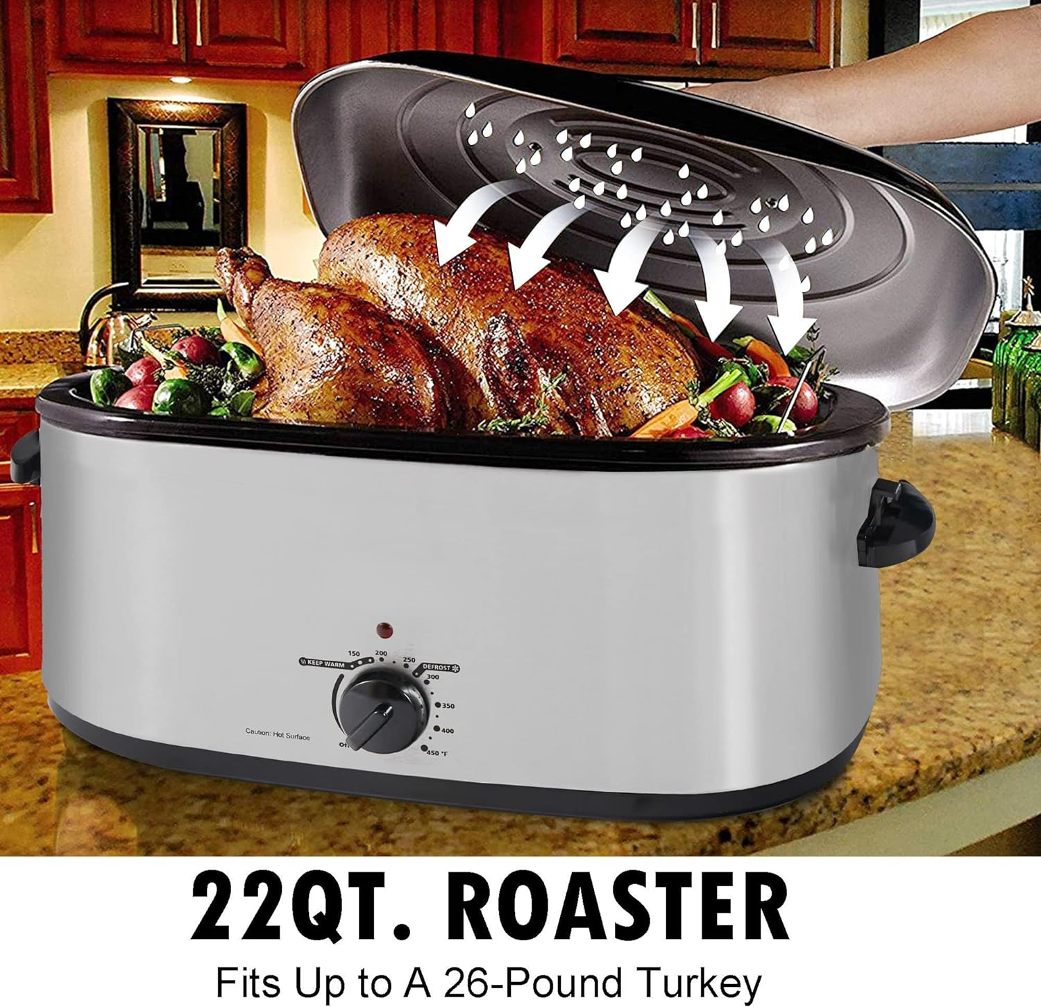 Roaster Oven 22 Quart Electric, Turkey Roaster with Self-Basting Lid Design, Large Stainless Steel Electric Turkey Roaster Oven Fits Turkeys Up to 26LB
