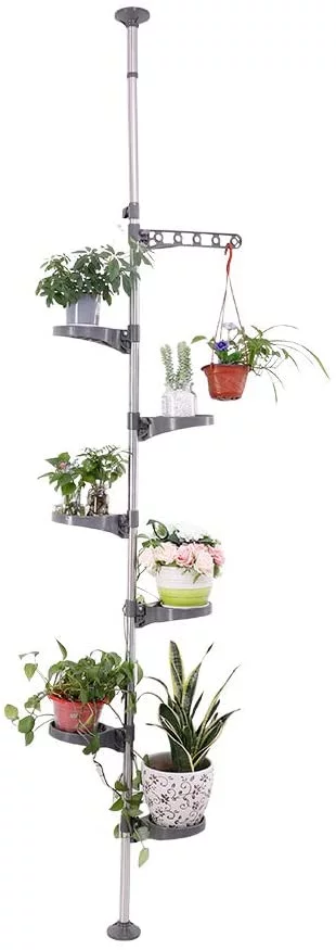 7-Tier Indoor Plant Pole Spring Tension Rod Expandable Flower Pots Display Rack Stand Hanger Metal Corner Storage Shelf, Grey
