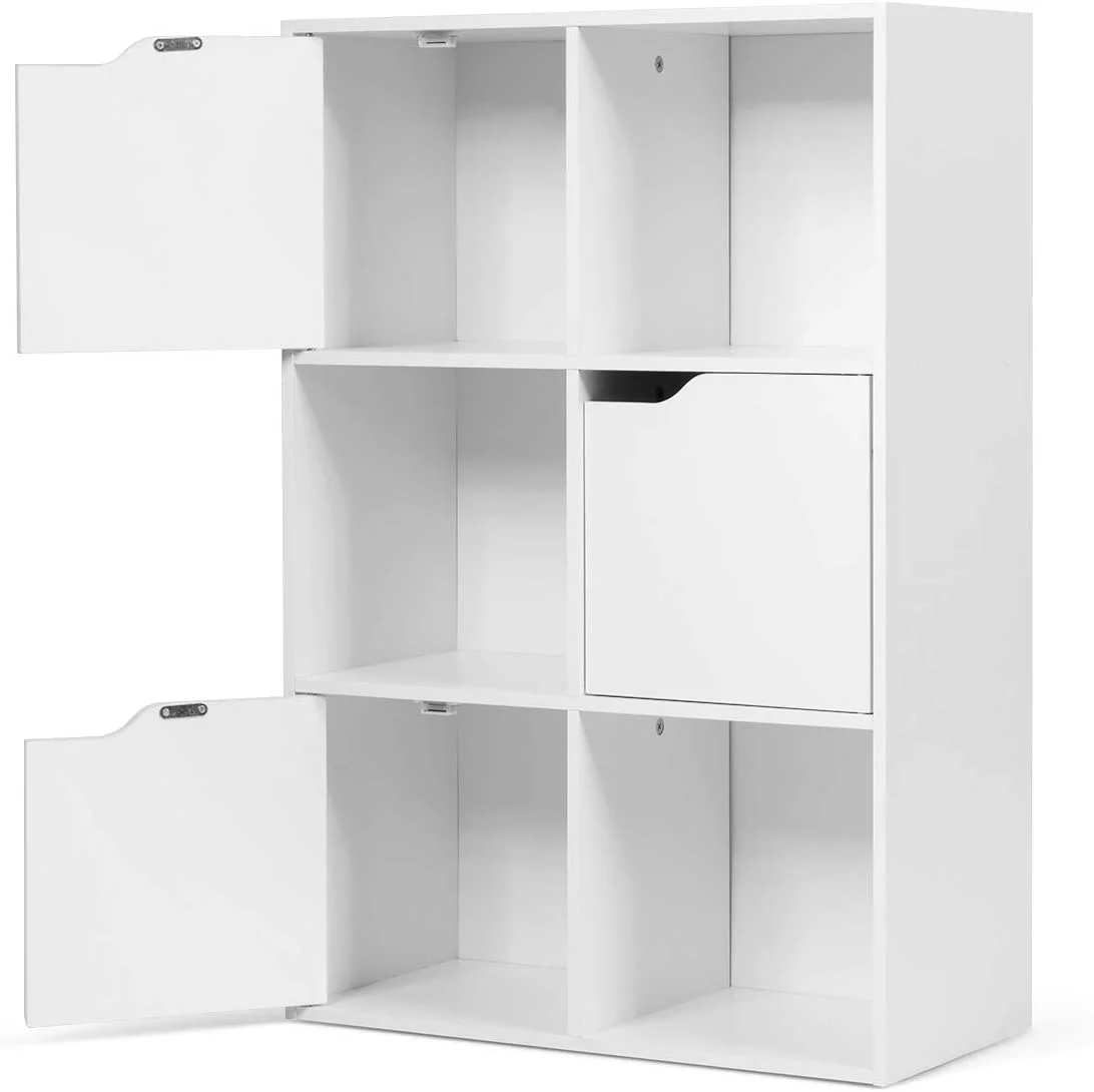 9-Cube Storage Organizer, Storage Cabinet with 4 Open Cubes and 5 Cabinets, Free Standing Wooden Cubby Bookcase, Compartment Units for Home Office, 3-Tier Bookshelf for Books, Toys
