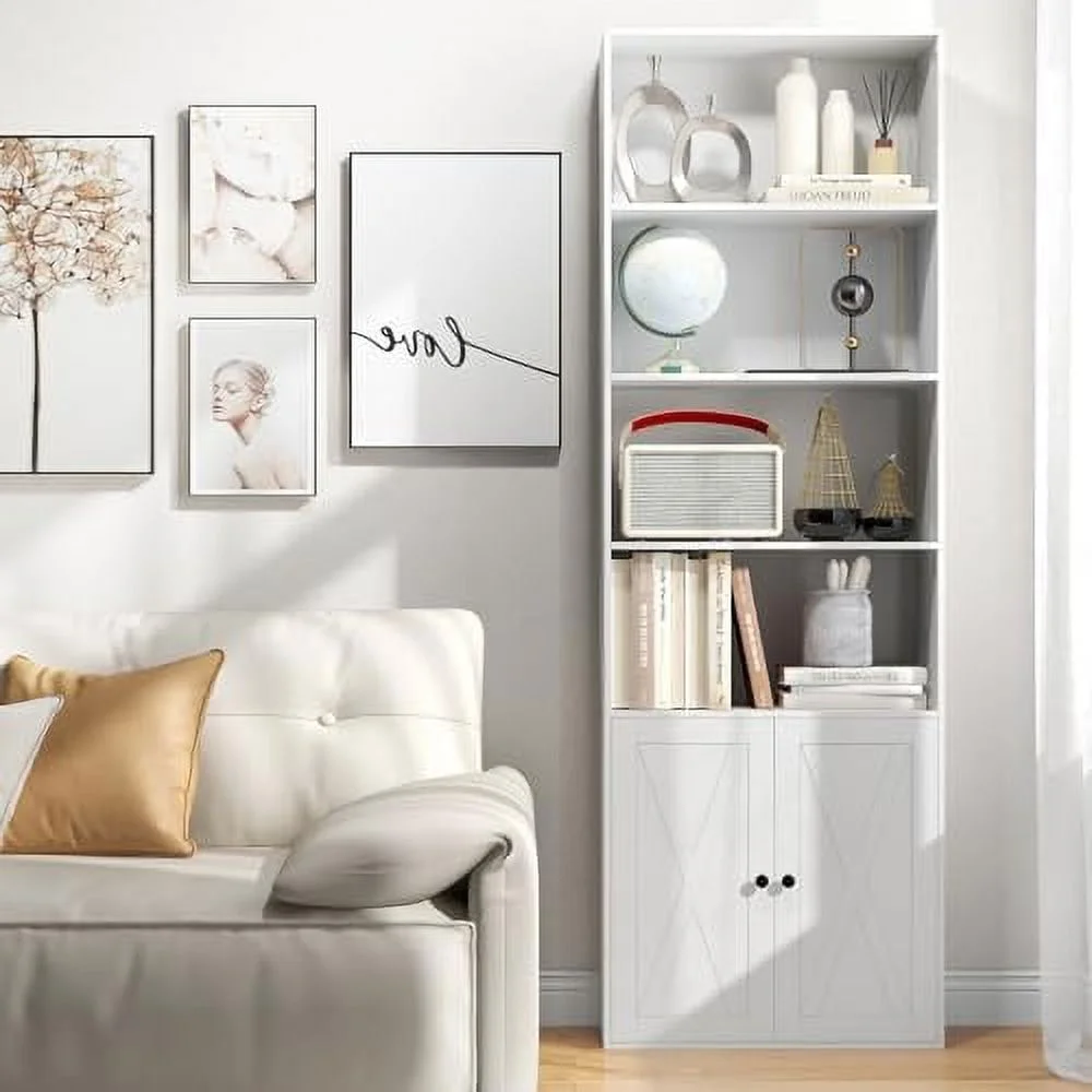 NTTBOBOEC 71" Tall Bookcase with Doors  Modern 4-Tier White Bookshelf with Anti-Tipping Kits  Farmhouse Wooden Book  with   Wood Open  Display Cabinet  4-Cube Book Case for Bedroom