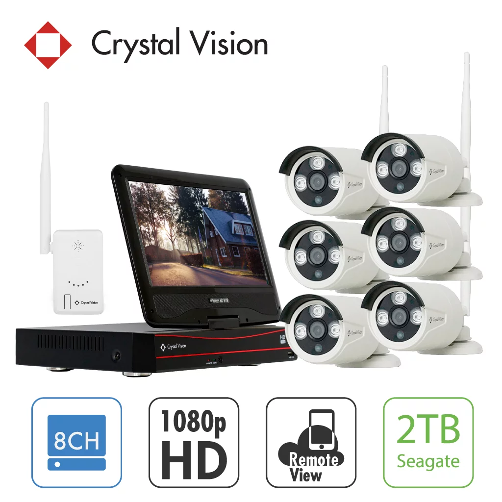 [8CH] Crystal Vision CVT808A-20WB 1080P Full HD Wireless Surveillance System NVR CCTV w/ 2TB HDD, Built-in Monitor & Router, 2MP Camera Auto Pair