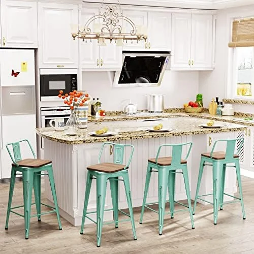 HBBOOMLIFE Stool Metal  Stools Set of 4 Industrial Counter Height  Stools White  Distressed Swivel  Stools with Back and Wooden Seat 26"  Stools Counter Height