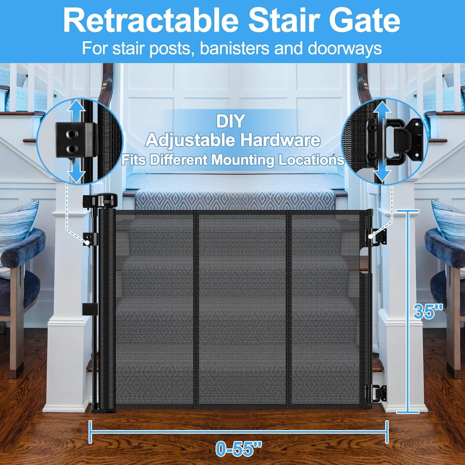 Reinforced Retractable Dog Gate for Stairs, 55 Inch Baby Stair Gate to Keep Kids & Pets from Getting Under Retractabe Baby Gates with Adjustable Hardware Fits Stair Posts, Railings, Doorways, Black